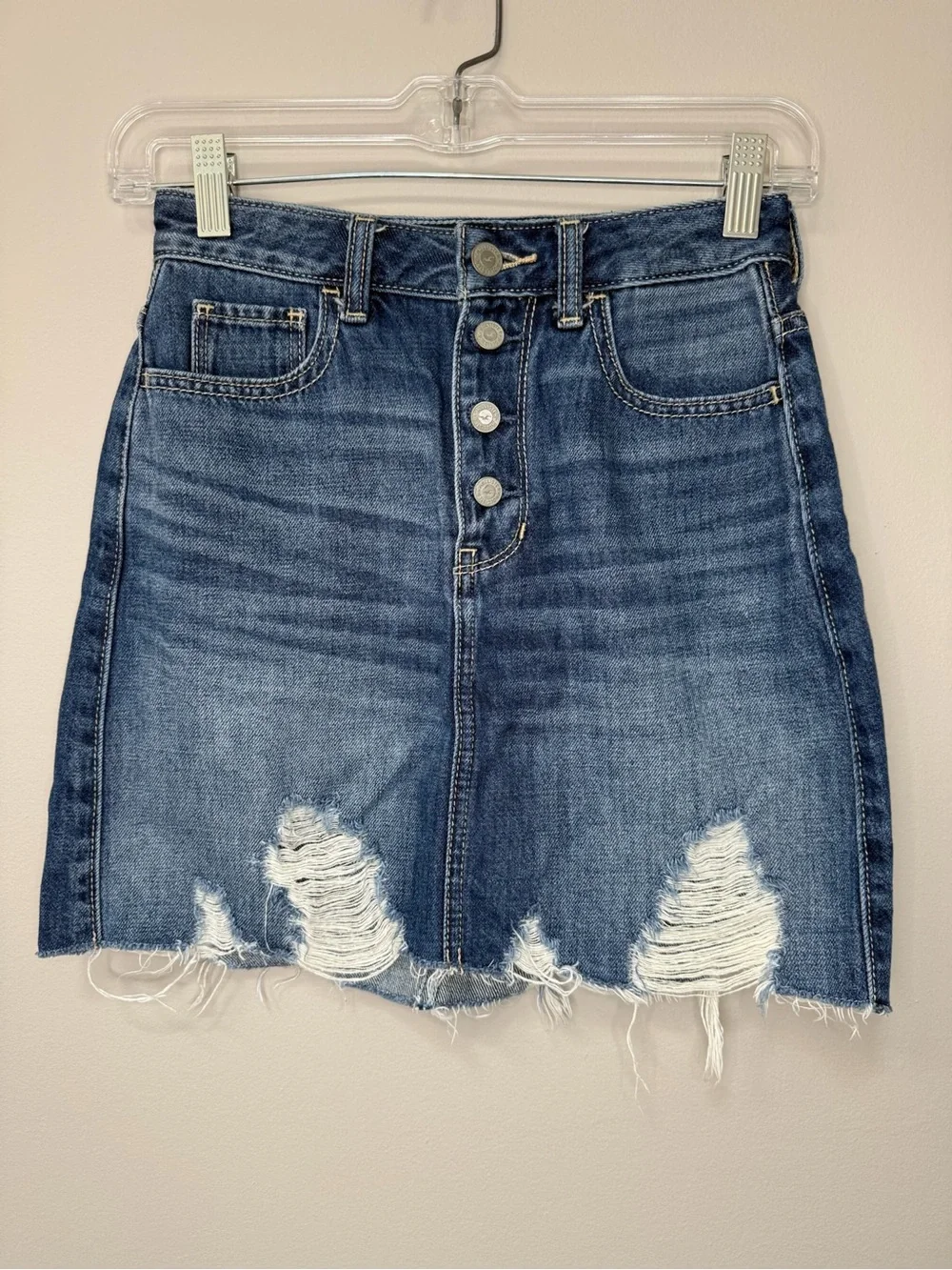 Hollister Women’s Distressed Medium Wash Ultra High-Rise Denim Skirt